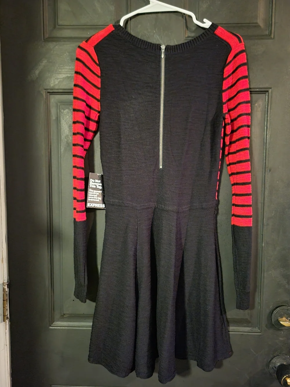 Express Red & Black Striped Long-Sleeve Fit-and-Flare Dress